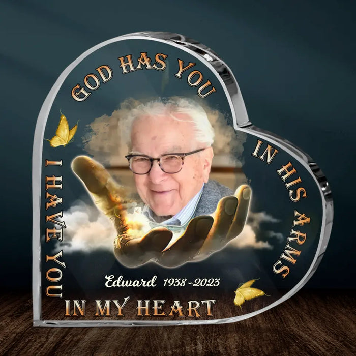 Custom Personalized Memorial Crystal Heart - Upload Photo - Memorial Gift Idea For Family Members - God Has you In His Arms I Have You In My Heart