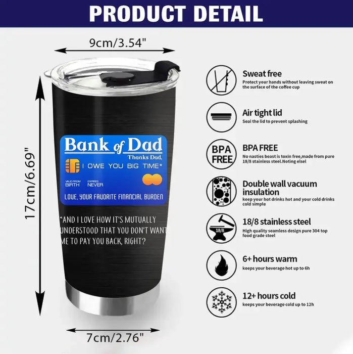 Custom Personalized Dad Tumbler - Gift Idea For Dad - Upto 6 Kids - Bank Of Dad