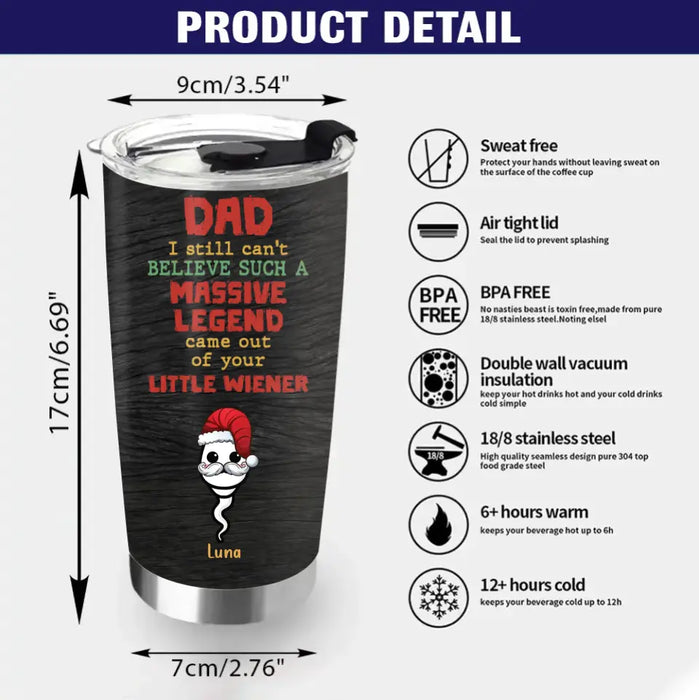 Custom Personalized Christmas Dad Tumbler - Upto 6 Sperms Kids - Christmas Gift Idea For Dad - I Still Can't Believe Such A Massive Legend Came Out Of Your Little Wiener