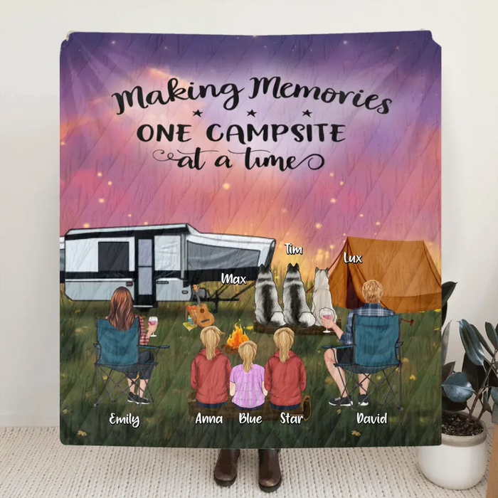 Custom Personalized Camping Couple/ Family Single Layer Fleece Blanket/ Quilt Blanket - Upto 3 Kids And 4 Pets - Gift Idea For Camping Lover - Making Memories One Campsite At A Time