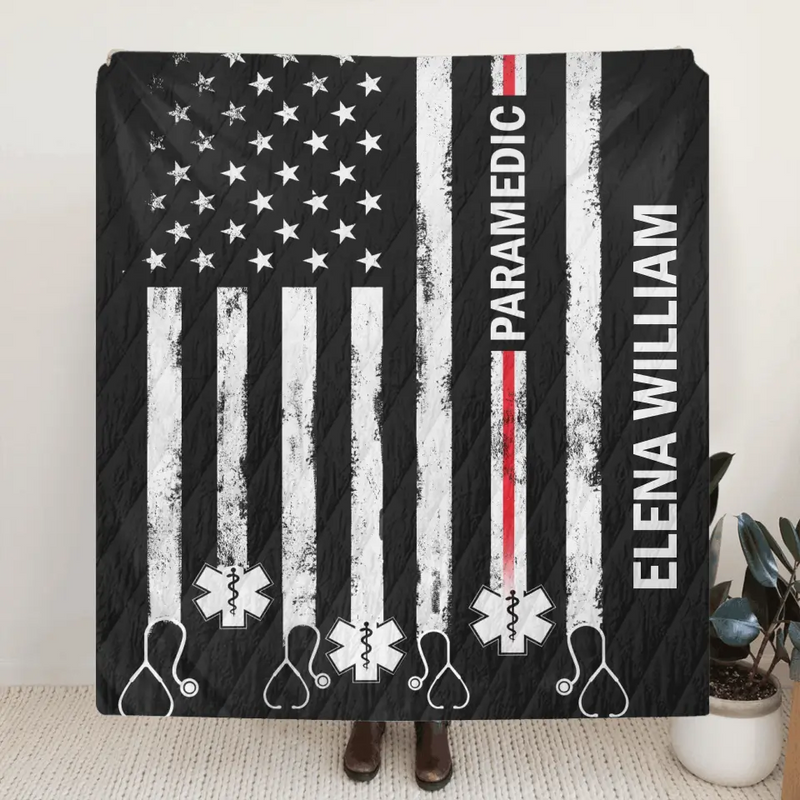 Personalized US Healthcare Worker Fleece Throw Blanket & Quilt - Gift Idea For Paramedic/Colleague