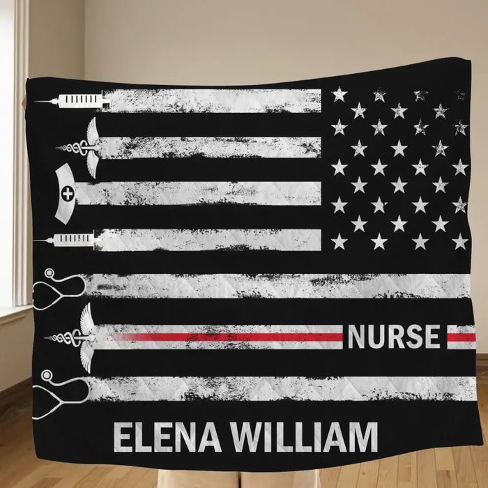 Custom Personalized US Healthcare Worker Quilt/ Single Layer Fleece Blanket - Gift Idea For Nurse/Colleague