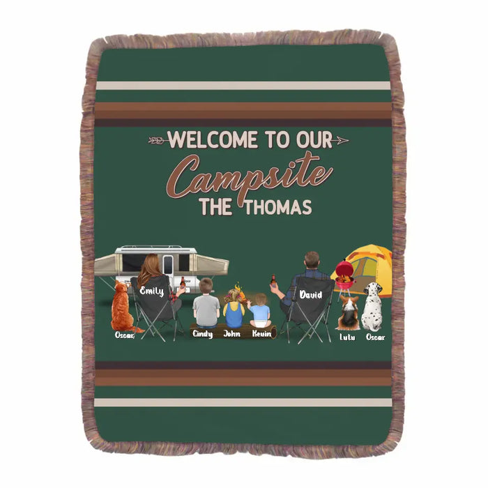 Custom Personalized Camping Fringe Blanket - Gift Idea For Family/Camping Lovers/Pet Lovers - Upto 3 Kids. 3 Pets - Welcome To Our Campsite