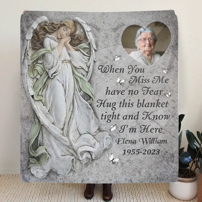 Custom Personalized Memorial Photo Quilt/Single Layer Fleece Blanket - Memorial Gift Idea for Family -  When You Miss Me Have No Fear Hug This Blanket