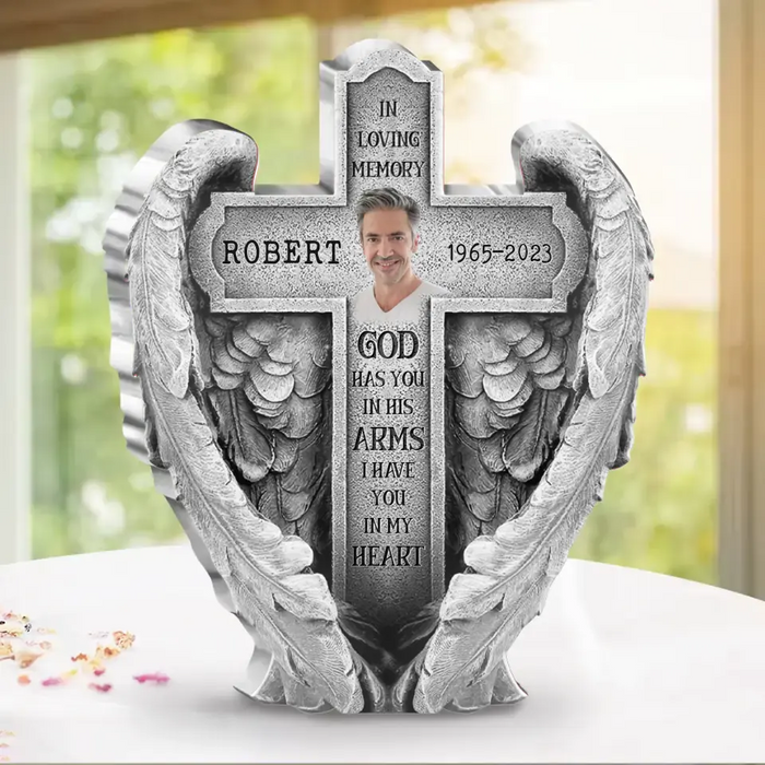 Custom Personalized Memorial Wings Acrylic Plaque - Upload Photo - Memorial Gift Idea For Christmas/ Family Member - God Has You In His Arms I Have You In My Heart