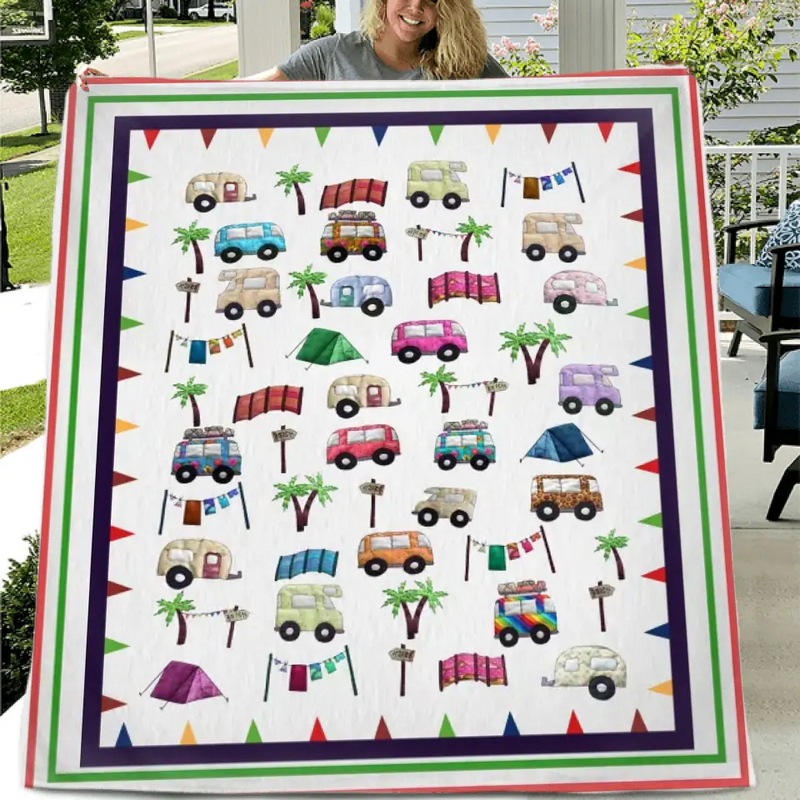 Cute Camping Camper Fleece Throw Blanket & Quilt - Gift Idea For Camping Lovers