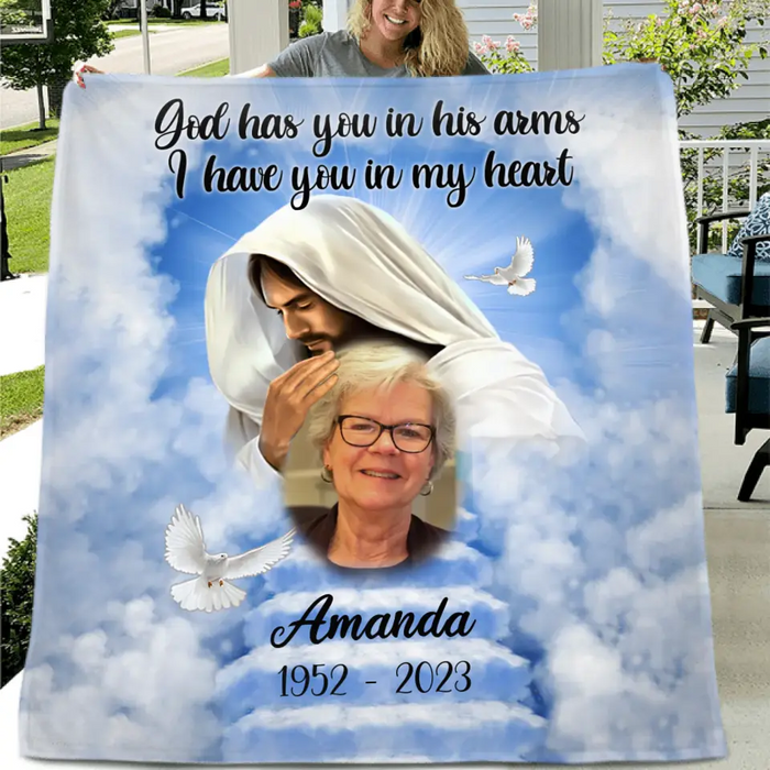 Personalized Memorial Quilt/Single Layer Fleece Blanket - Upload Photo - Memorial Gift Idea For Family Member - God Has You In His Arms I Have You In My Heart