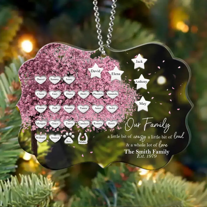 Custom Personalized Family Tree Rectangle Acrylic Ornament - Upto 30 People/Pets - Gift Idea for Family - Our Family A Little Bit Of Crazy A Little Bit Loud & A Whole Lot Of Love