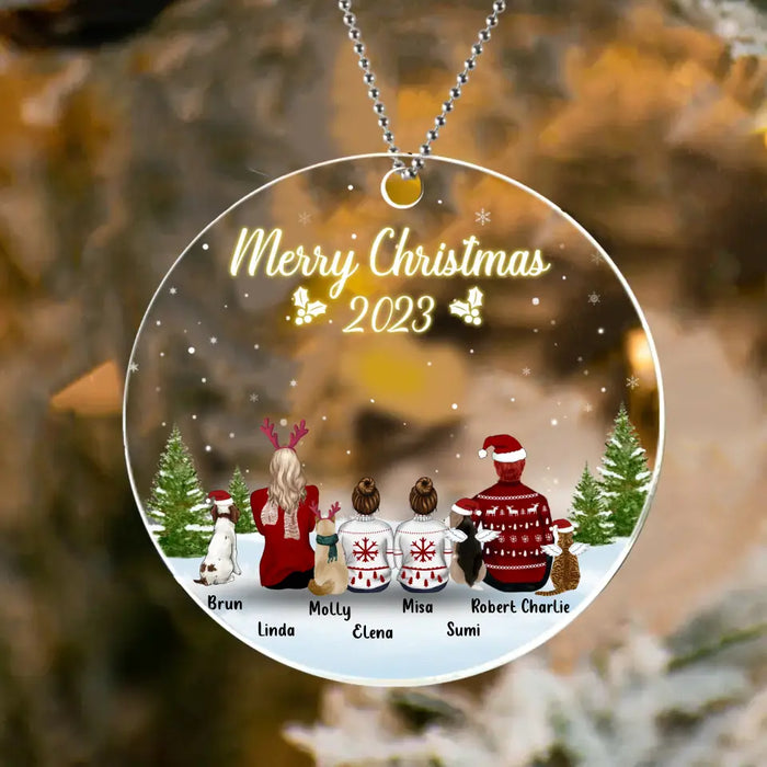 Custom Personalized Family & Pet Circle Acrylic Ornament - Upto 2 Kids, 4 Pets - Christmas Gift Idea For Family/Pet Lovers - Merry Christmas 2023