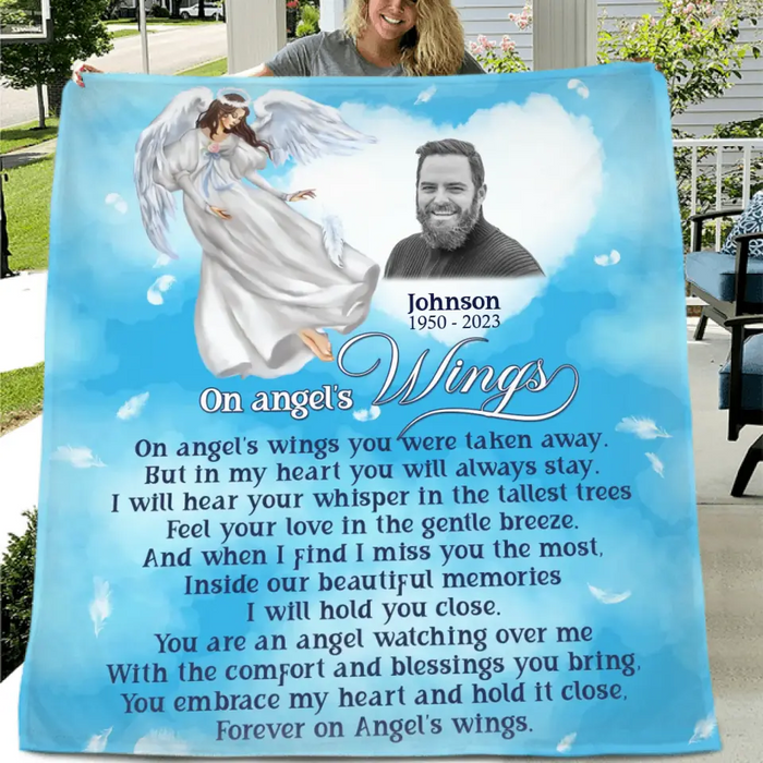 Personalized Memorial Quilt/Single Layer Fleece Blanket - Upload Photo - Memorial Gift Idea For Family Member - Forever On Angel's Wings