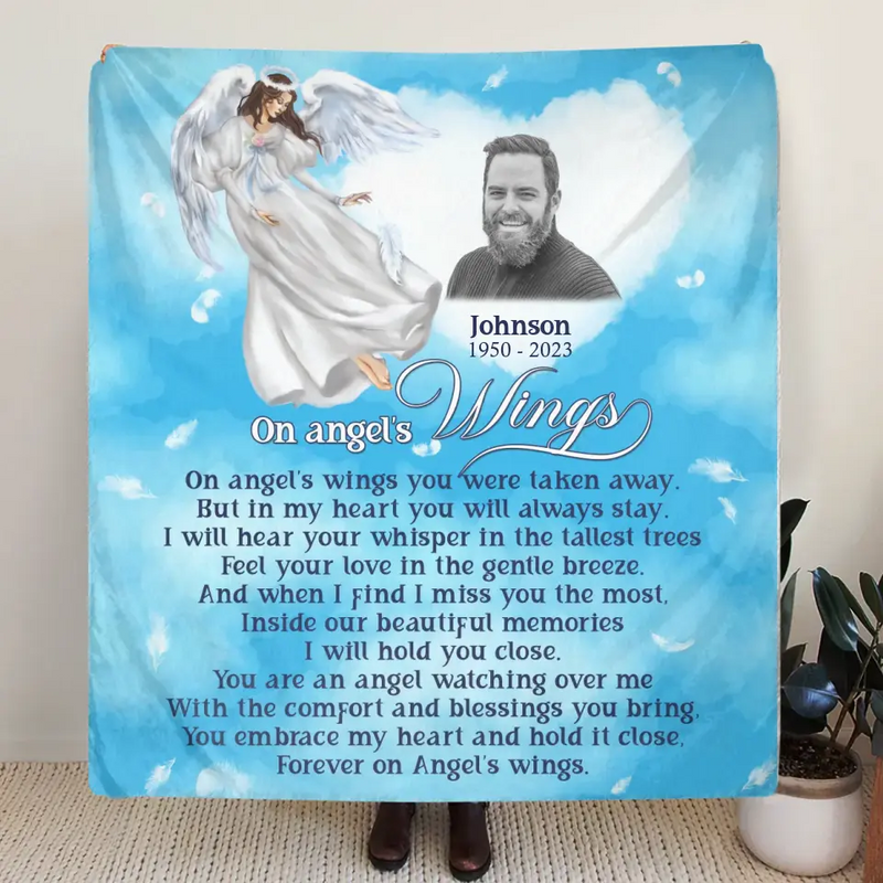 Personalized Memorial Fleece Throw Blanket & Quilt - Upload Photo - Memorial Gift Idea For Family Member - Forever On Angel's Wings