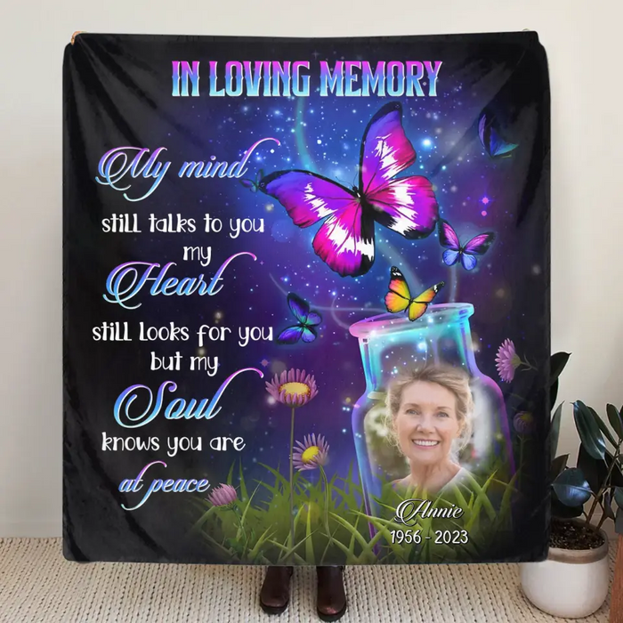 Custom Personalized Memorial Quilt/Single Layer Fleece Blanket - Upload Photo - Memorial Gift Idea For Family Member - My Mind Still Talks To You