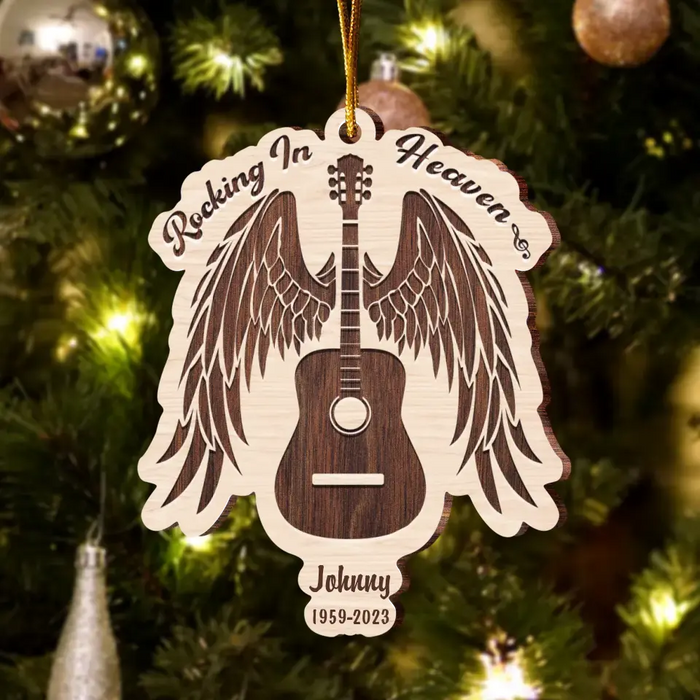 Custom Personalized Memorial Guitar Lovers Wooden Ornament - Memorial Gift Idea - Rocking In Heaven