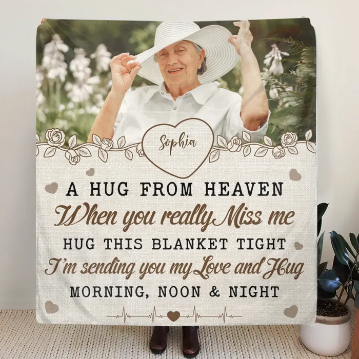 Personalized Memorial Quilt/Single Layer Fleece Blanket - Upload Photo - Memorial Gift Idea For Family Member - A Hug From Heaven