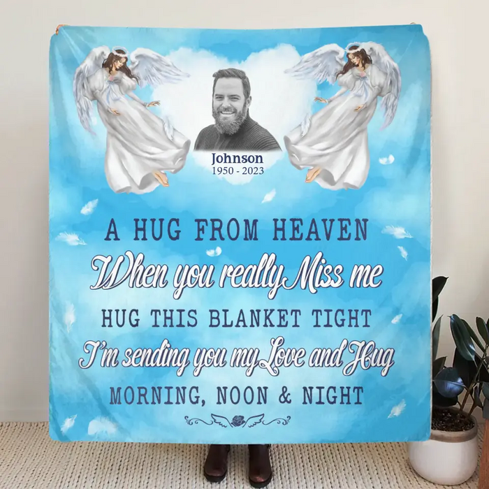 Personalized Memorial Quilt/Single Layer Fleece Blanket - Upload Photo - Memorial Gift Idea For Family Member - A Hug From Heaven