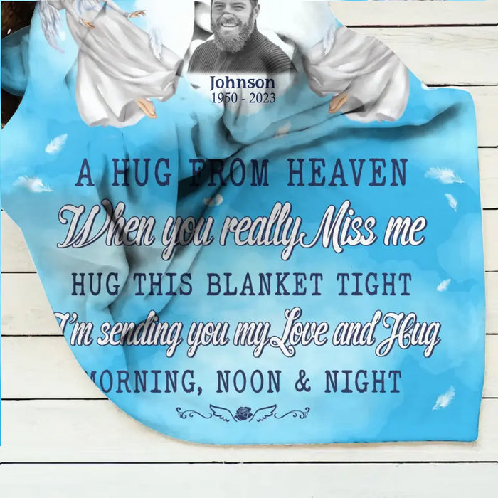 Personalized Memorial Quilt/Single Layer Fleece Blanket - Upload Photo - Memorial Gift Idea For Family Member - A Hug From Heaven