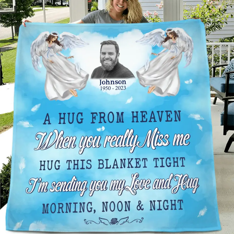 Personalized Memorial Fleece Throw Blanket & Quilt - Upload Photo - Memorial Gift Idea For Family Member - A Hug From Heaven