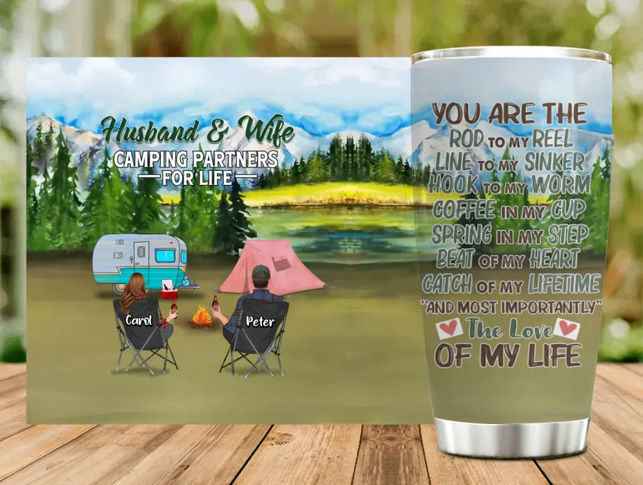 Custom Personalized Camping Tumbler - Couple With Upto 3 Pets - Gift Idea For Couple/Camping Lover - You Are The Rod To My Reel