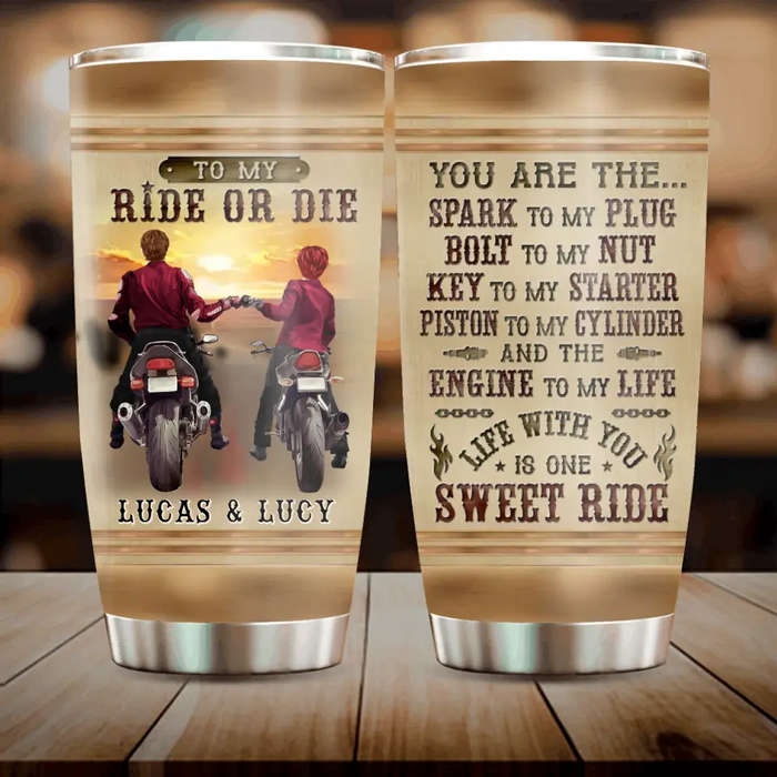 Custom Personalized Couple Biker Tumbler - Gift Idea For Him/Gift To Husband From Wife - You Are The Spark To My Plug