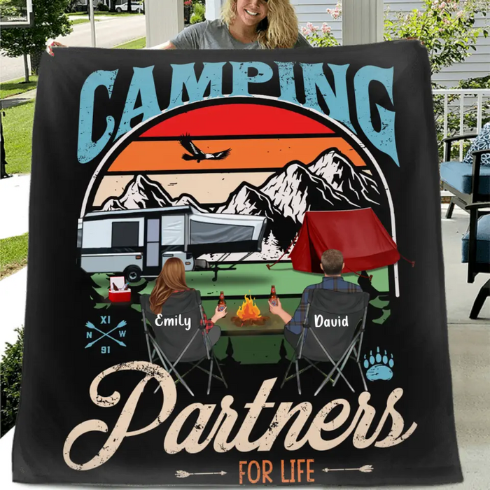 Custom Personalized Camping Quilt/Single Layer Fleece Blanket - Gift Idea For Camping Lover - Upto 5 Kids 2 Pets - Camping Partners For Life