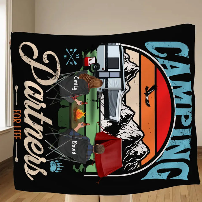 Custom Personalized Camping Quilt/Single Layer Fleece Blanket - Gift Idea For Camping Lover - Upto 5 Kids 2 Pets - Camping Partners For Life