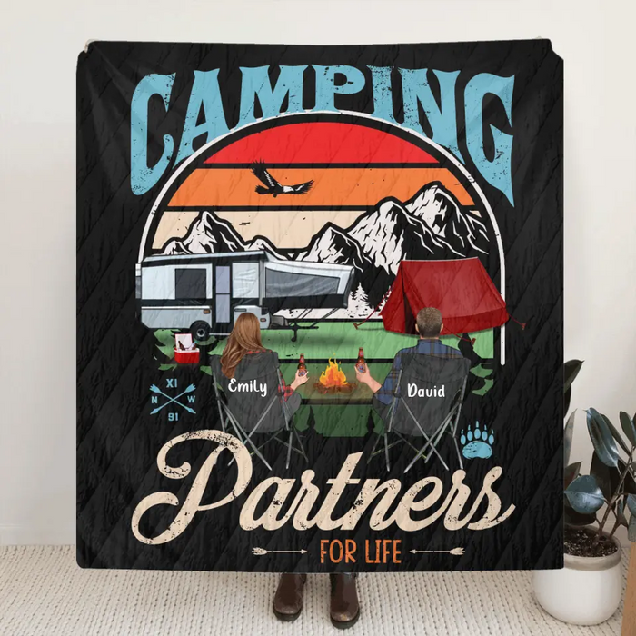 Custom Personalized Camping Quilt/Single Layer Fleece Blanket - Gift Idea For Camping Lover - Upto 5 Kids 2 Pets - Camping Partners For Life