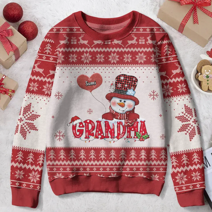 Custom Personalized Grandma Mom Snowman Hearts Sweater - Christmas Gift Idea For Grandma And Grandkids With - Up to 10 Kids