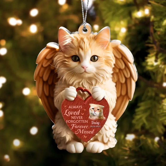 Always Loved Never Forgotten Forever Missed - Custom Personalized Angel Cute Cat Holding Heart Memorial Acrylic Ornament - Upload Photo - Memorial Gift Idea For Christmas/ Cat Owner