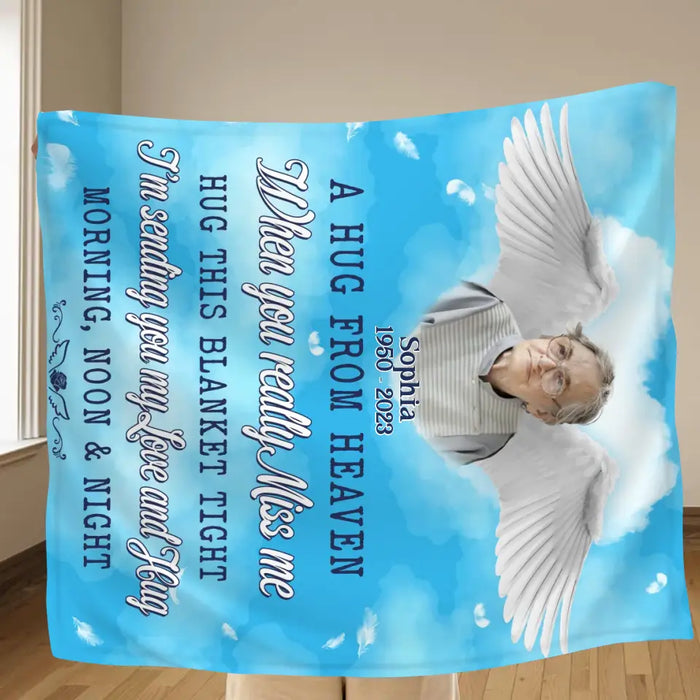 Personalized Memorial Quilt/Fleece Throw Blanket - Upload Photo - Memorial Gift Idea For Family Member - A Hug From Heaven