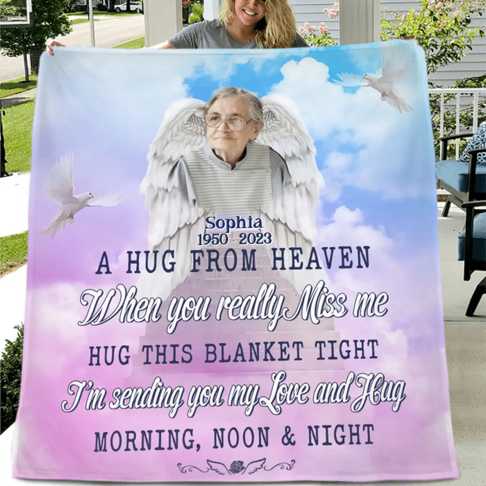 Custom Personalized Memorial Quilt/Single Layer Fleece Blanket - Upload Photo - Memorial Gift Idea For Family Member - I'm Sending You My Love And Hug