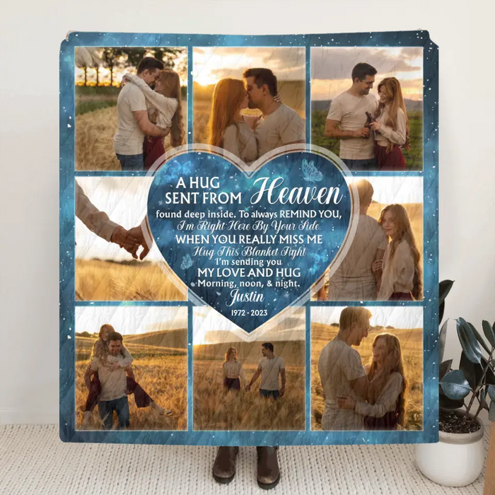 Personalized Memorial Quilt/Single Layer Fleece Blanket - Upload Photo - Memorial Gift Idea For Husband/Wife - A Hug Sent From Heaven