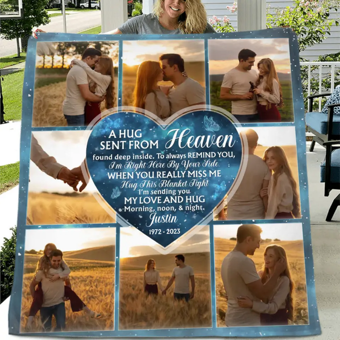 Personalized Memorial Quilt/Single Layer Fleece Blanket - Upload Photo - Memorial Gift Idea For Husband/Wife - A Hug Sent From Heaven