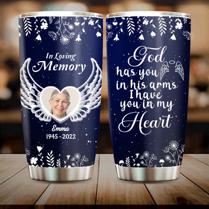 Custom Personalized Memorial Photo Tumbler - Memorial Gift Idea For Family - God Has You In His Arms