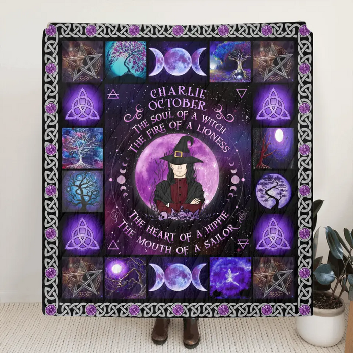 Personalized Witch Male Quilt/Single Layer Fleece Blanket - Halloween Gift Idea For Witch Lovers - October The Fire Of A Lioness