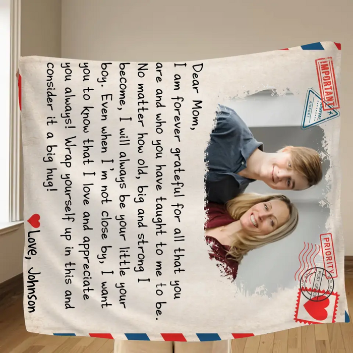 Custom Personalized Mom & Son Photo Quilt/ Single Layer Fleece Blanket - Gift Idea For Mom - Upload Photo - I Am Forever Grateful