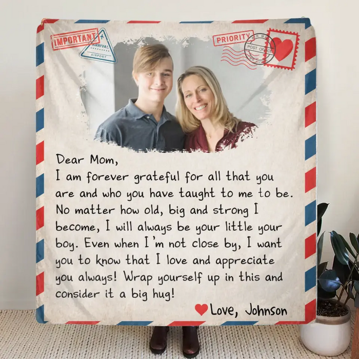 Custom Personalized Mom & Son Photo Quilt/ Single Layer Fleece Blanket - Gift Idea For Mom - Upload Photo - I Am Forever Grateful