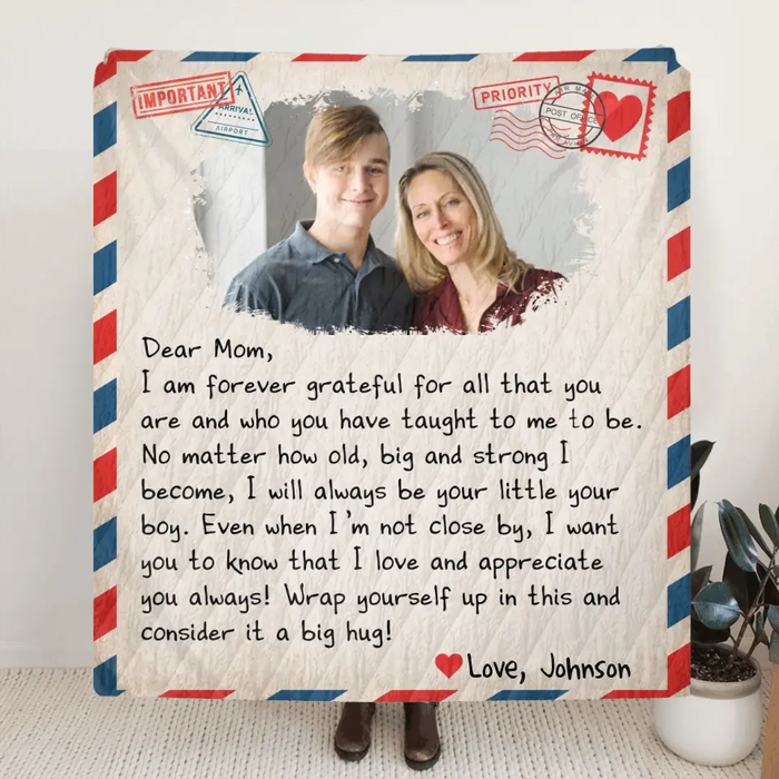 Custom Personalized Mom & Son Photo Quilt/ Single Layer Fleece Blanket - Gift Idea For Mom - Upload Photo - I Am Forever Grateful