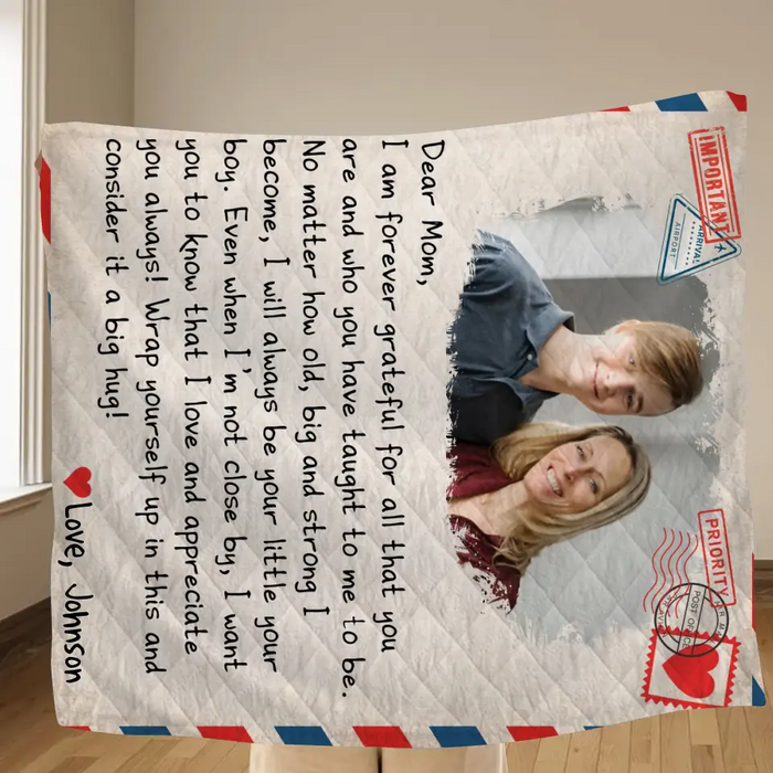 Custom Personalized Mom & Son Photo Quilt/ Single Layer Fleece Blanket - Gift Idea For Mom - Upload Photo - I Am Forever Grateful