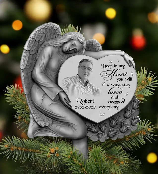 Custom Personalized Angel Memorial Photo Tree Topper - Upload Photo - Memorial Gift Idea For Christmas - Deep In My Heart You Will Always Stay Loved And Missed Every Day