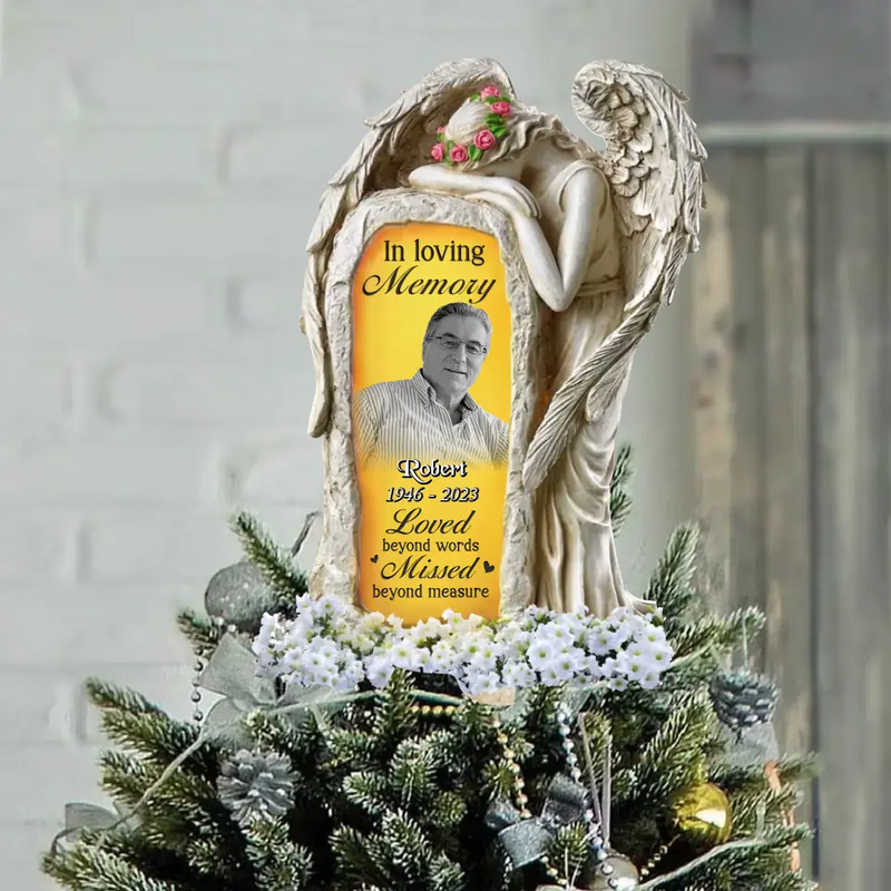 Personalized In Loving Memory Angel Tree Topper - Upload Photo - Memorial Gift Idea For Christmas - Loved Beyond Words Missed Beyond Measure