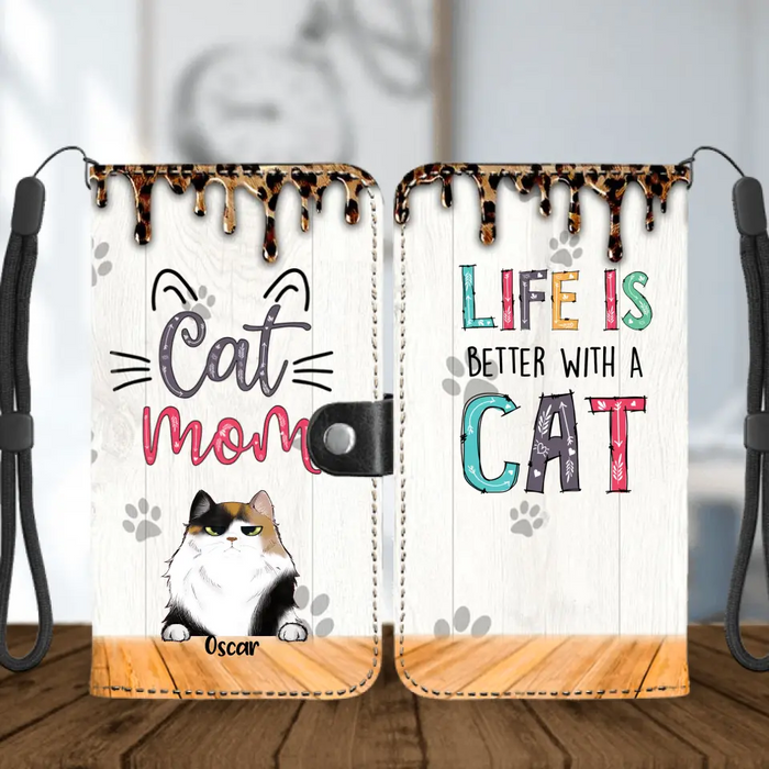 Custom Personalized Cat Mom Flip Leather Purse For Mobile Phone - Upto 5 Cats - Gift Idea For Cat Lover - Life Is Better With Cats