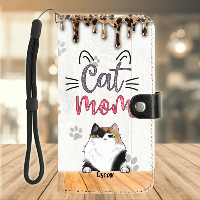 Custom Personalized Cat Mom Flip Leather Purse For Mobile Phone - Upto 5 Cats - Gift Idea For Cat Lover - Life Is Better With Cats