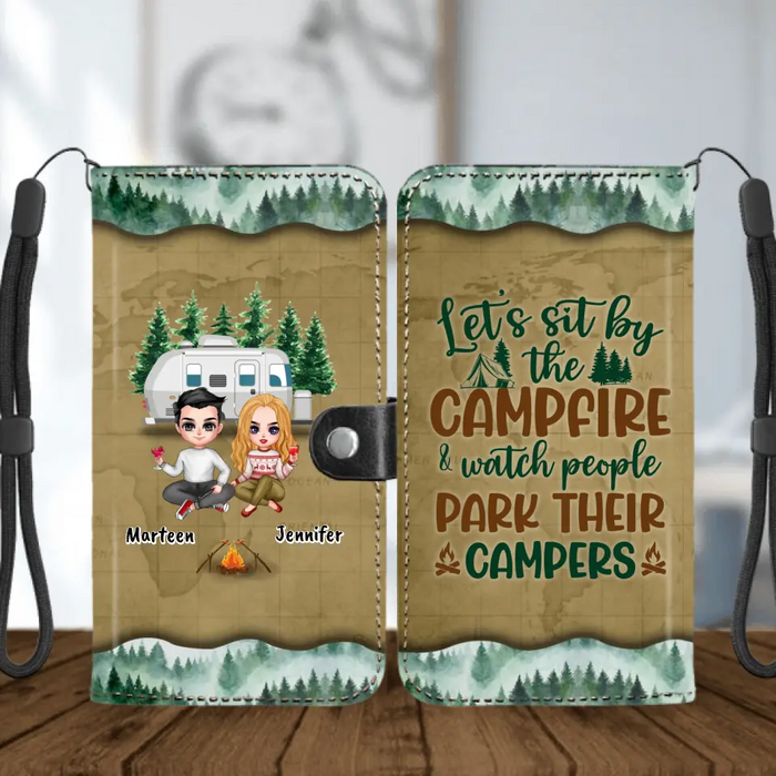 Custom Personalized Camping Couple And Dog Flip Leather Purse For Mobile Phone - Upto 2 Dogs - Gift Idea For Dog/Camping Lovers - Camping Partners For Life