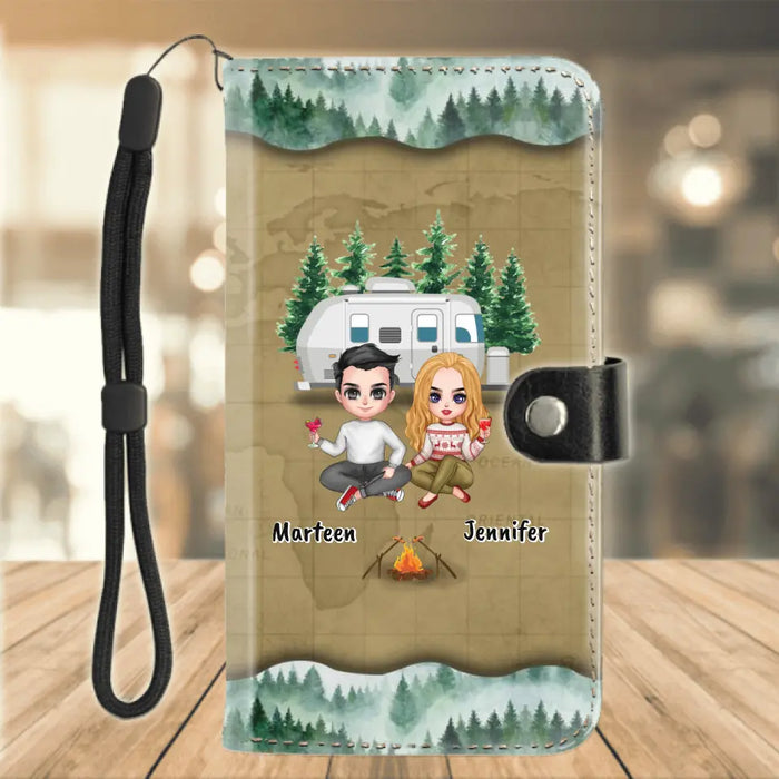 Custom Personalized Camping Couple And Dog Flip Leather Purse For Mobile Phone - Upto 2 Dogs - Gift Idea For Dog/Camping Lovers - Camping Partners For Life