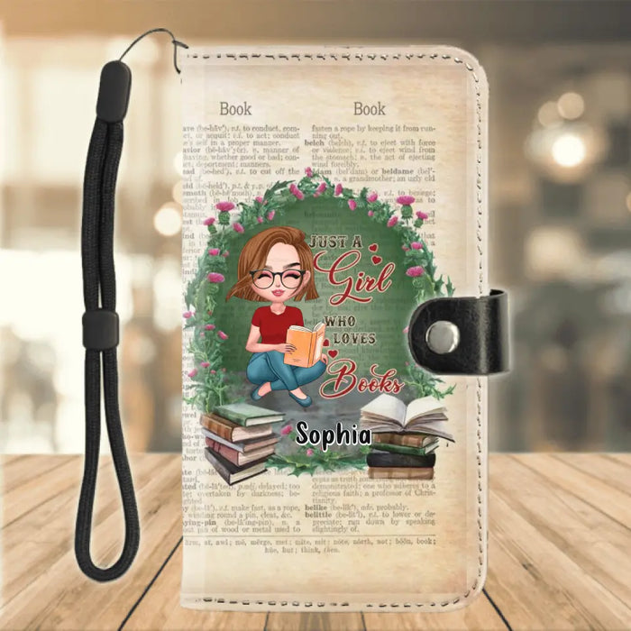 Custom Personalized Book Girl Flip Leather Purse For Mobile Phone - Gift For Book Lovers - Just A Girl Who Loves Books