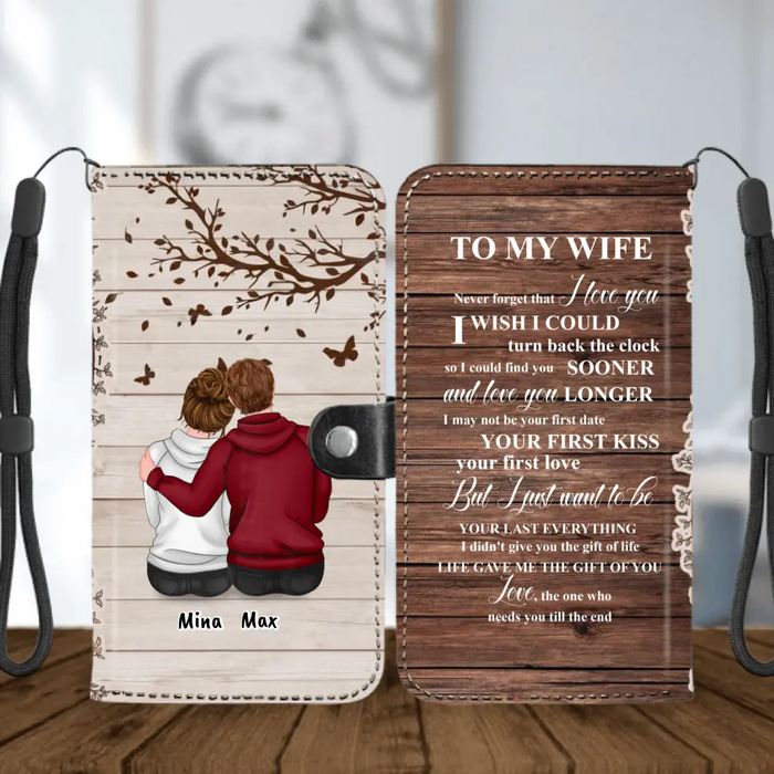 Custom Personalized Half Wood Texture Couple Sitting Back View Phone Wallet - Gift For Him/ For Her - To My Wife Never Forget That I Love You