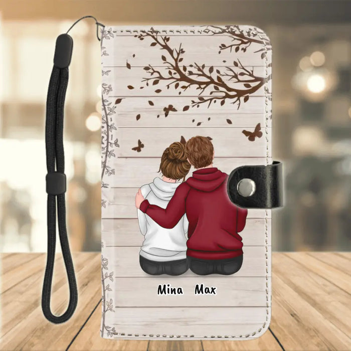 Custom Personalized Half Wood Texture Couple Sitting Back View Phone Wallet - Gift For Him/ For Her - To My Wife Never Forget That I Love You
