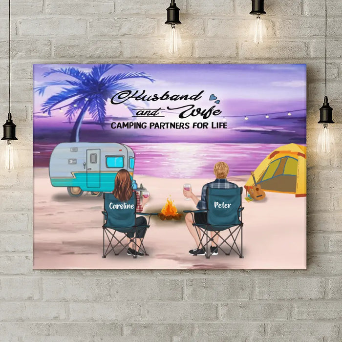 Custom Personalized Beach Camping Canvas - Couple/ Parents With Upto 3 Kids And 4 Pets - Gift Idea For Couple/ Family/ Camping Lover - Husband And Wife Camping Partners For Life