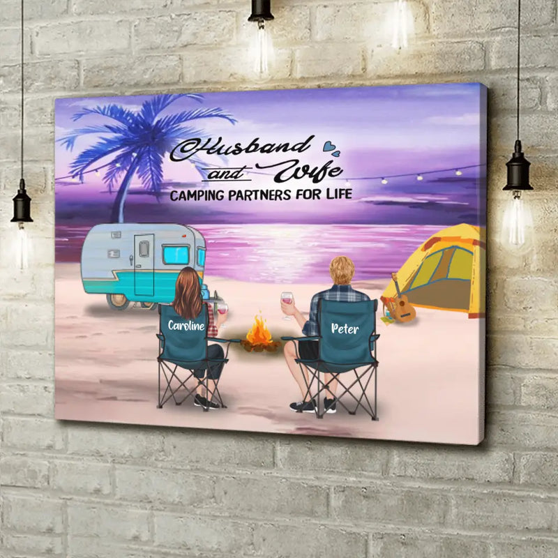 Personalized Beach Camping Canvas - Couple/Parents With Up to 3 Kids And 4 Pets - Gift Idea For Couple/ Family/ Camping Lover - Husband And Wife Camping Partners For Life