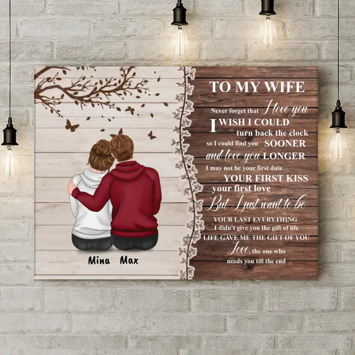 Custom Personalized Half Wood Texture Couple Sitting Back View Canvas - Gift For Him/ For Her - To My Wife Never Forget That I Love You